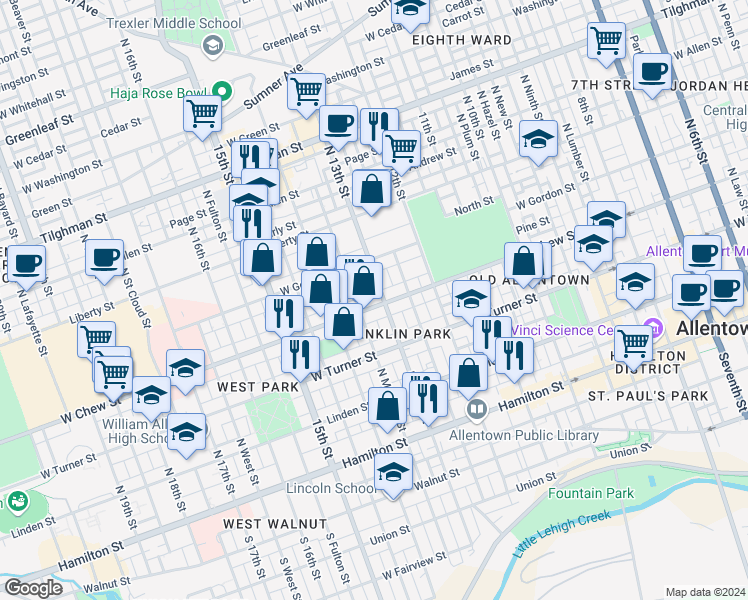 map of restaurants, bars, coffee shops, grocery stores, and more near 311 North 13th Street in Allentown