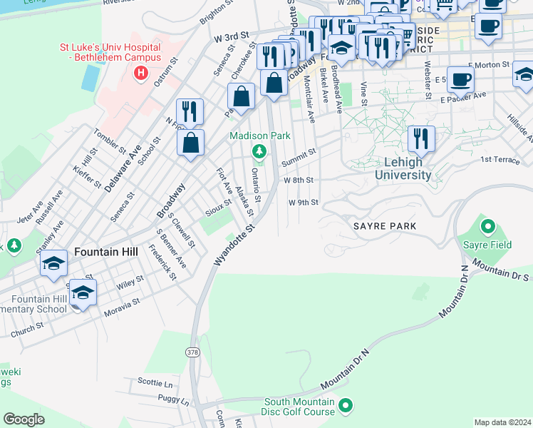 map of restaurants, bars, coffee shops, grocery stores, and more near 913 Wyandotte Street in Bethlehem