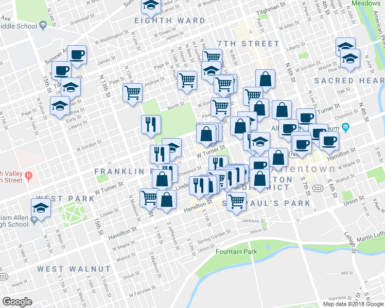 map of restaurants, bars, coffee shops, grocery stores, and more near 1035 West Turner Street in Allentown