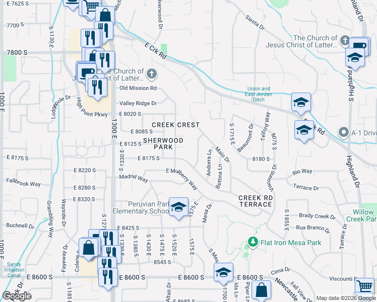 map of restaurants, bars, coffee shops, grocery stores, and more near 8136 South 1590 East in Sandy