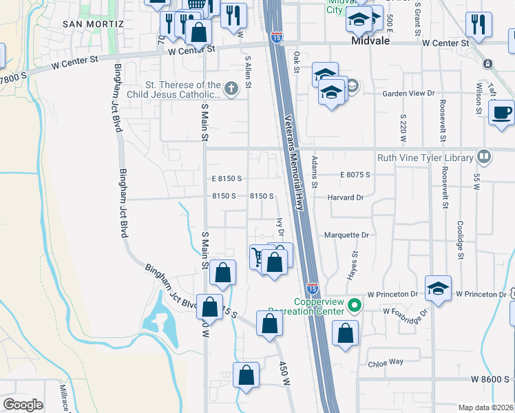 map of restaurants, bars, coffee shops, grocery stores, and more near 8168 South Darin Street in Midvale