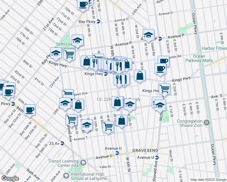 map of restaurants, bars, coffee shops, grocery stores, and more near 1798 West 7th Street in Brooklyn