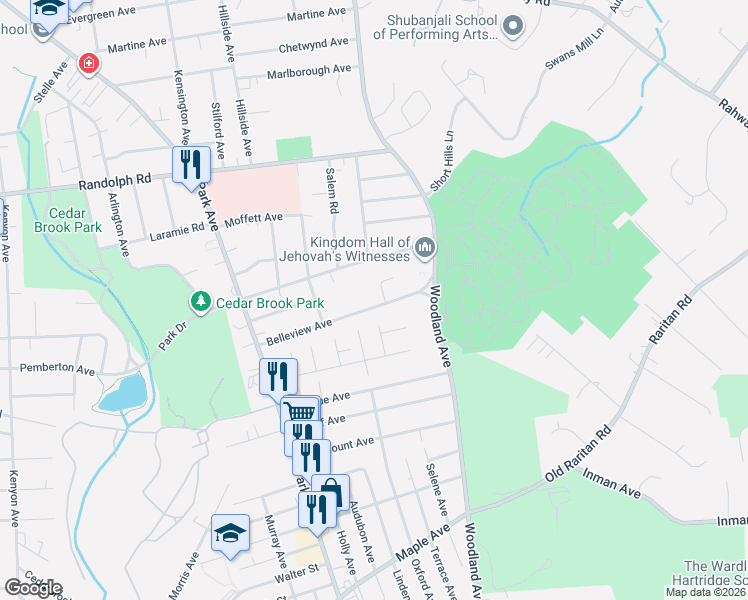 map of restaurants, bars, coffee shops, grocery stores, and more near 1415-19 Belleview Avenue in Plainfield
