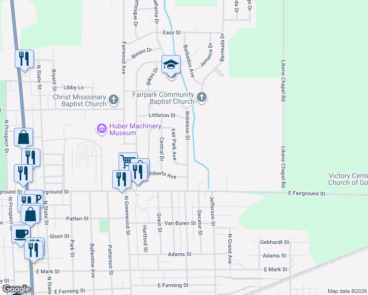map of restaurants, bars, coffee shops, grocery stores, and more near 716 Fair Park Avenue in Marion