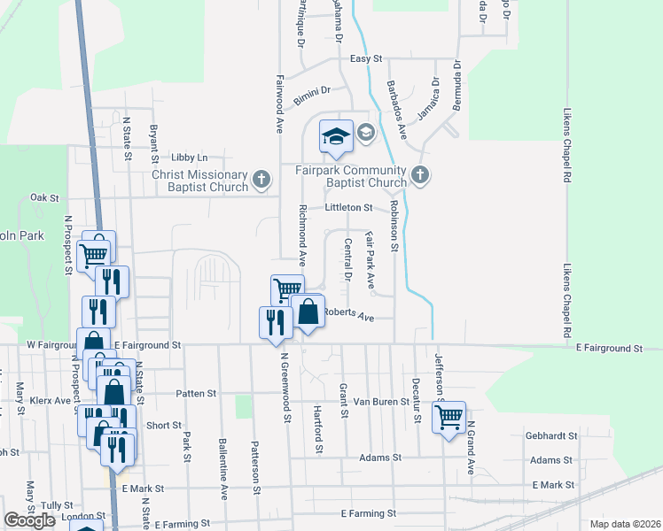 map of restaurants, bars, coffee shops, grocery stores, and more near 821 Central Drive in Marion