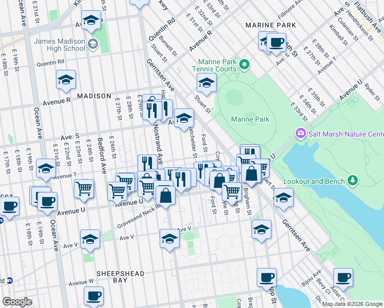 map of restaurants, bars, coffee shops, grocery stores, and more near 1979 Batchelder Street in Brooklyn