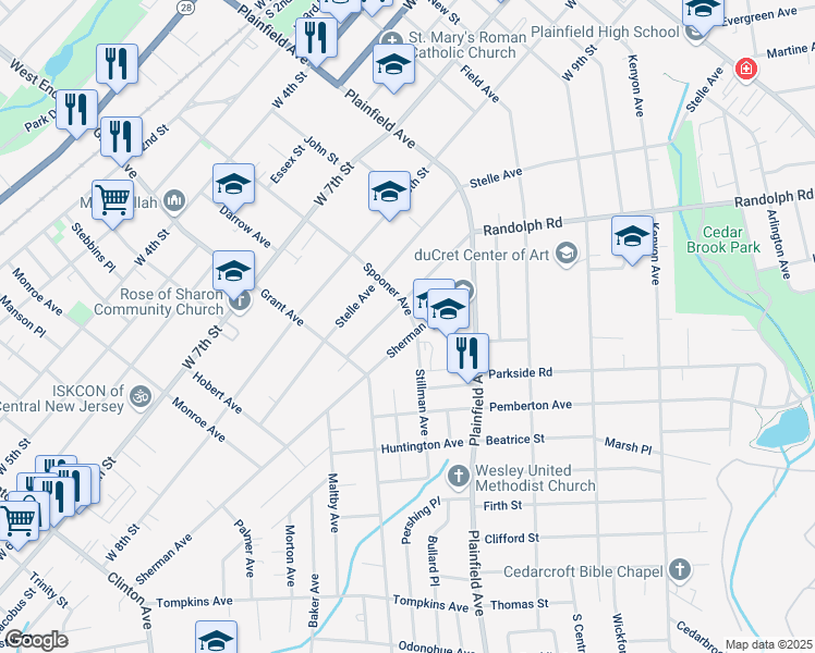 map of restaurants, bars, coffee shops, grocery stores, and more near 701 Sheridan Avenue in Plainfield