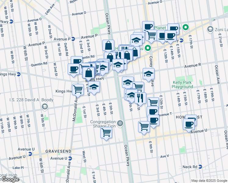 map of restaurants, bars, coffee shops, grocery stores, and more near 1860 Ocean Parkway in Brooklyn