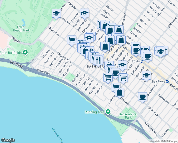 map of restaurants, bars, coffee shops, grocery stores, and more near 219 Bay 17th Street in Brooklyn