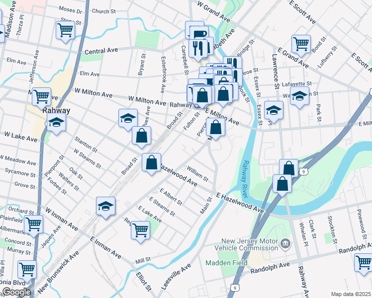 map of restaurants, bars, coffee shops, grocery stores, and more near 127 East Emerson Avenue in Rahway
