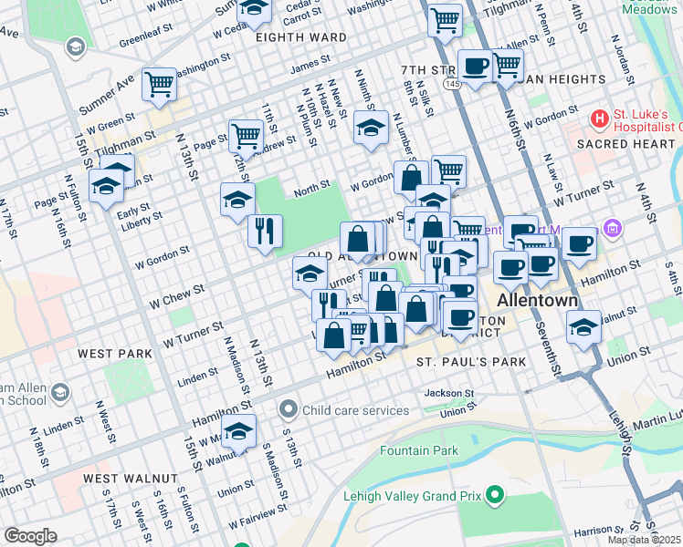 map of restaurants, bars, coffee shops, grocery stores, and more near 1035 West Turner Street in Allentown
