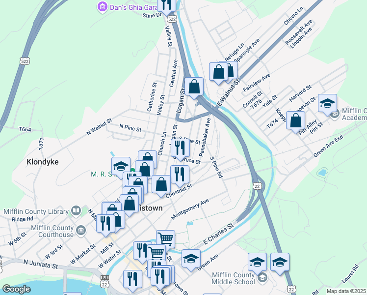 map of restaurants, bars, coffee shops, grocery stores, and more near 125 Shaw Avenue in Lewistown