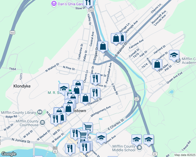 map of restaurants, bars, coffee shops, grocery stores, and more near 127 Shaw Avenue in Lewistown