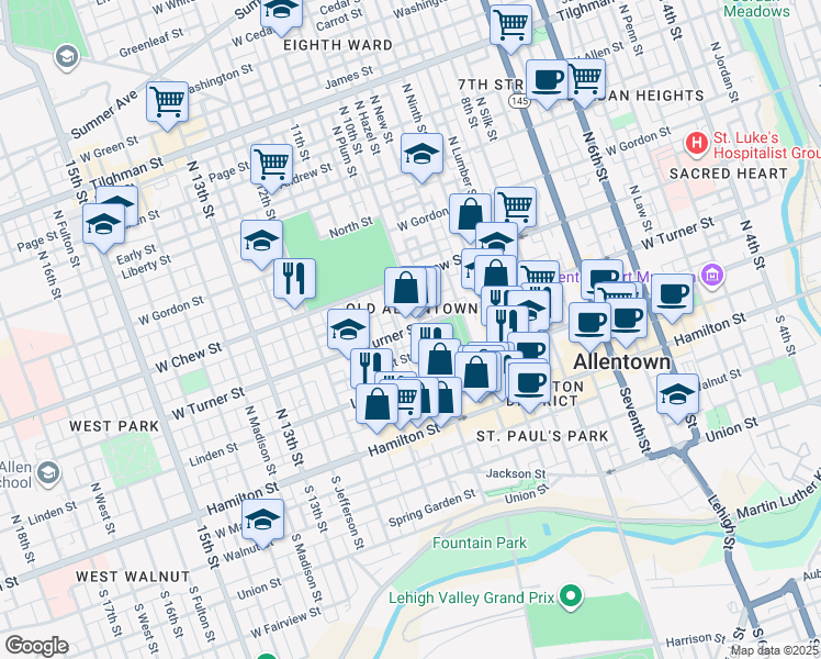 map of restaurants, bars, coffee shops, grocery stores, and more near West Turner Street in Allentown