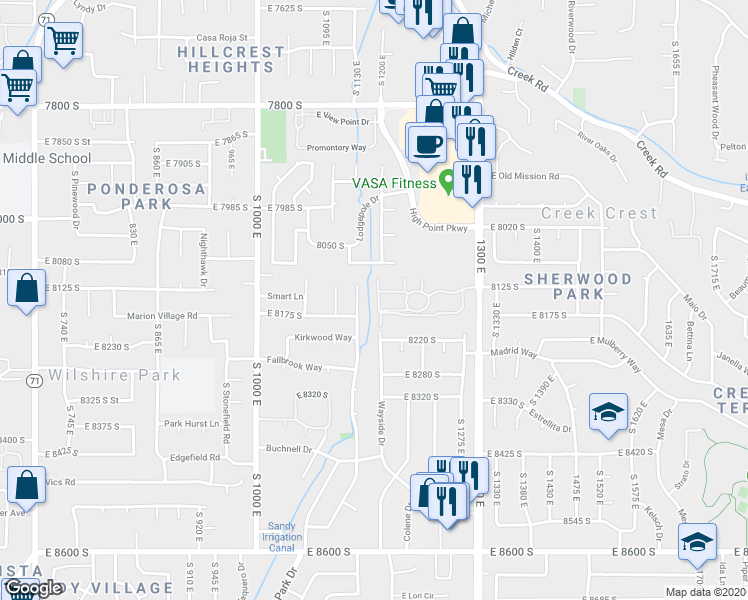 map of restaurants, bars, coffee shops, grocery stores, and more near 8148 Cottonwood Hills Circle in Sandy