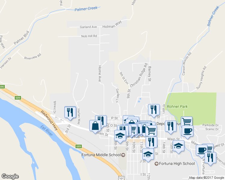 map of restaurants, bars, coffee shops, grocery stores, and more near 1400 Garden Lane in Fortuna