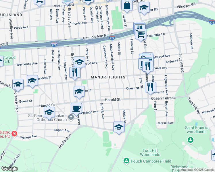 map of restaurants, bars, coffee shops, grocery stores, and more near 14 Duke Place in Staten Island