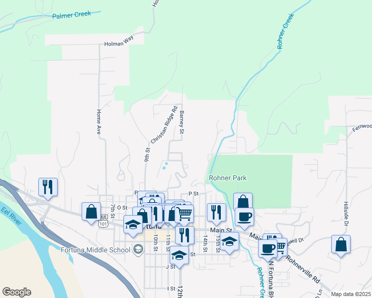 map of restaurants, bars, coffee shops, grocery stores, and more near 1577 Vancil Street in Fortuna