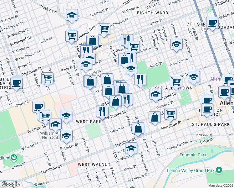 map of restaurants, bars, coffee shops, grocery stores, and more near 324 North Madison Street in Allentown