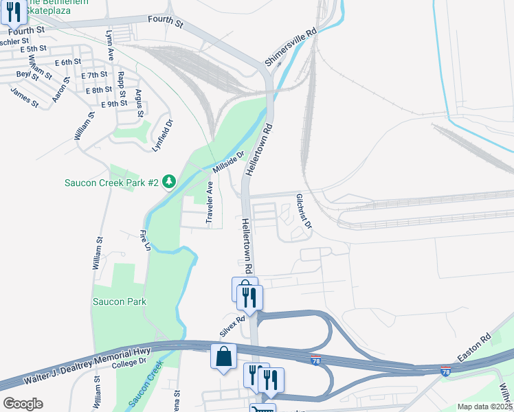 map of restaurants, bars, coffee shops, grocery stores, and more near 2120A Coke Works Road in Bethlehem