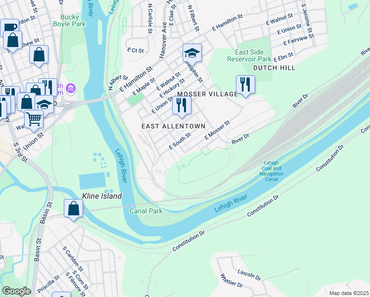 map of restaurants, bars, coffee shops, grocery stores, and more near 505 South Bradford Street in Allentown