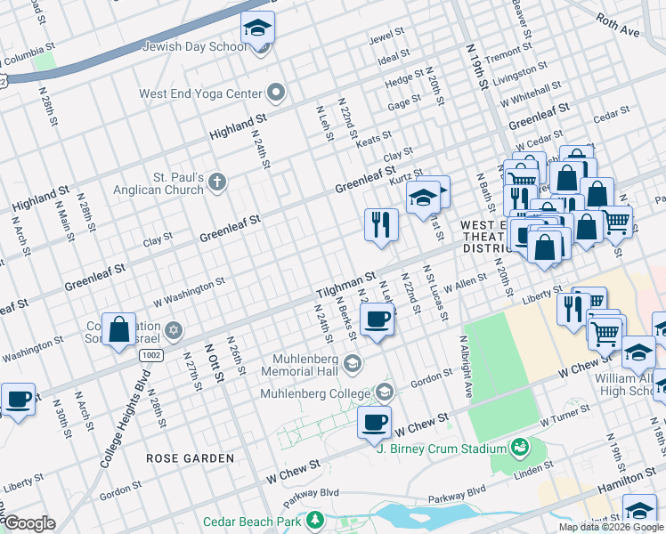 map of restaurants, bars, coffee shops, grocery stores, and more near 728 North 23rd Street in Allentown