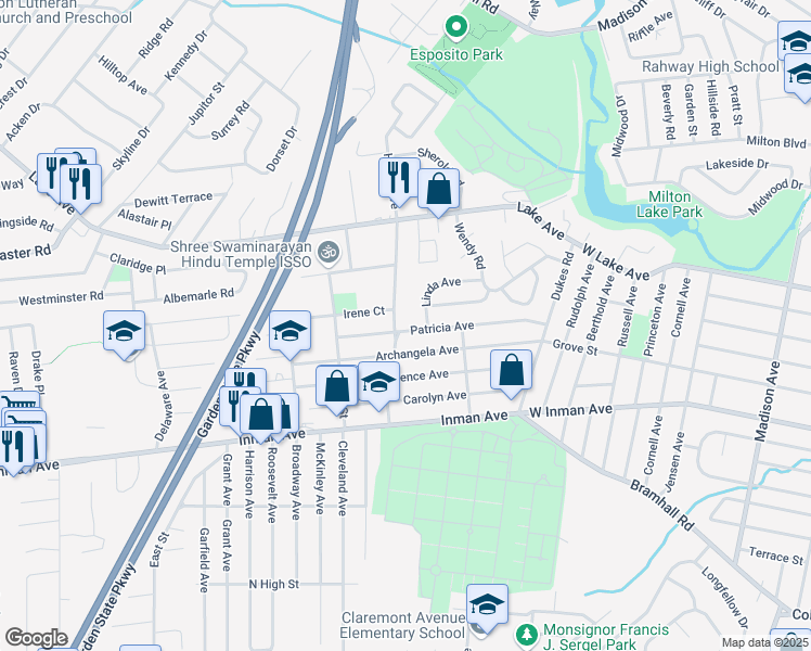 map of restaurants, bars, coffee shops, grocery stores, and more near 150 Patricia Avenue in Woodbridge Township