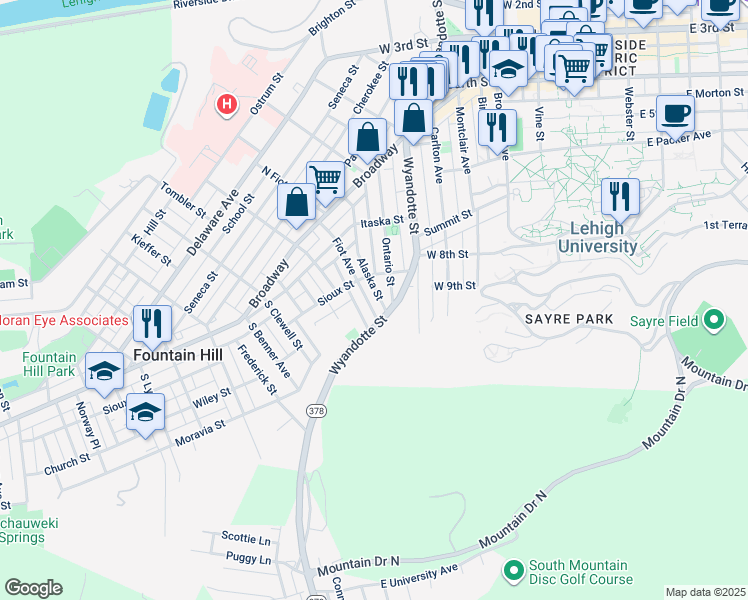 map of restaurants, bars, coffee shops, grocery stores, and more near 729 Fiot Avenue in Bethlehem