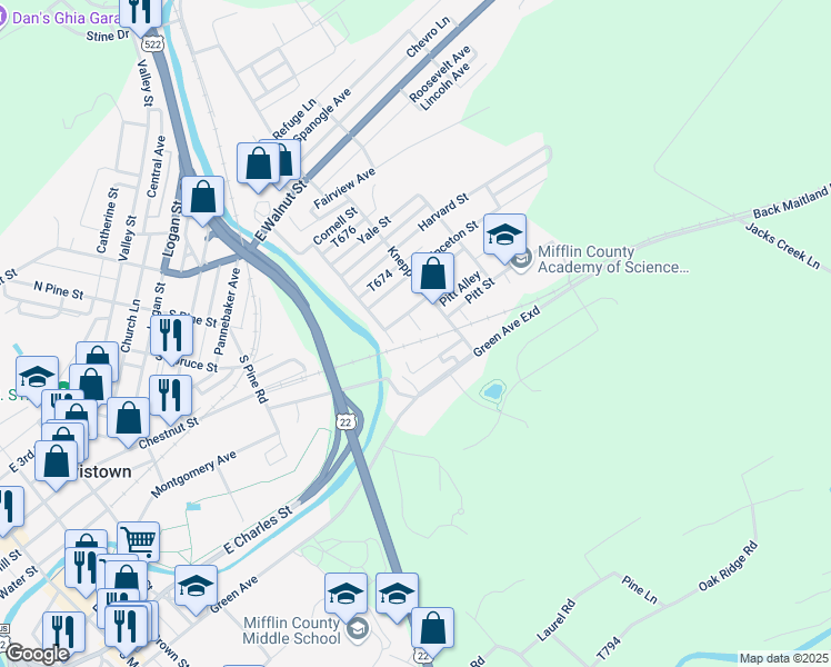 map of restaurants, bars, coffee shops, grocery stores, and more near 505 Kenyon Avenue in Lewistown