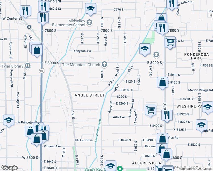 map of restaurants, bars, coffee shops, grocery stores, and more near 8154 South Angel Street in Sandy