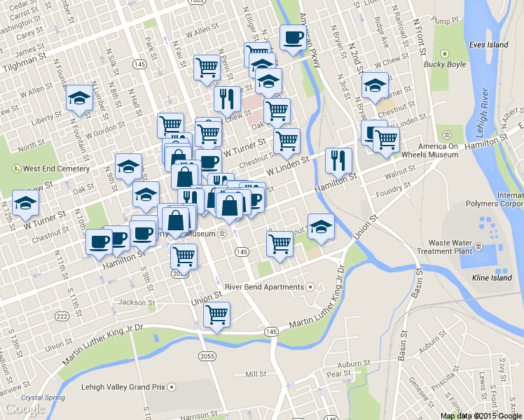 map of restaurants, bars, coffee shops, grocery stores, and more near Hamilton Street & North 5th Street in Allentown