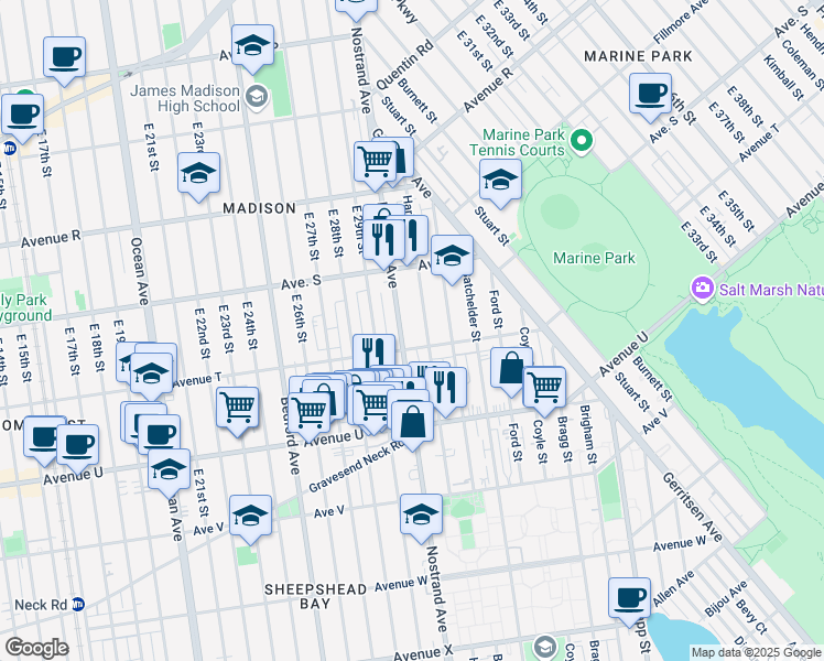 map of restaurants, bars, coffee shops, grocery stores, and more near 3301 Nostrand Avenue in Brooklyn
