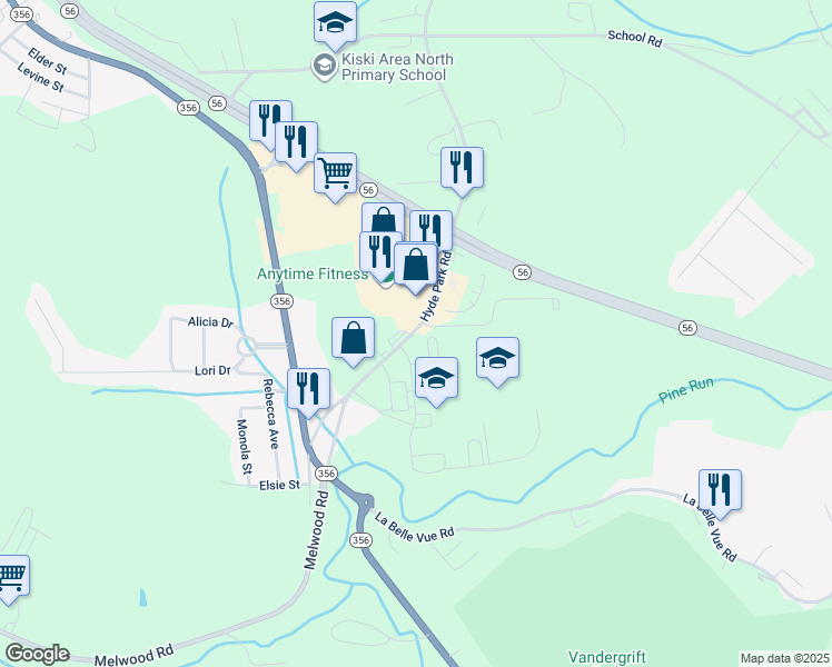 map of restaurants, bars, coffee shops, grocery stores, and more near 250 Hyde Park Road in Leechburg