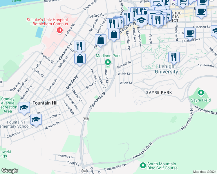 map of restaurants, bars, coffee shops, grocery stores, and more near 836 Wyandotte Street in Bethlehem