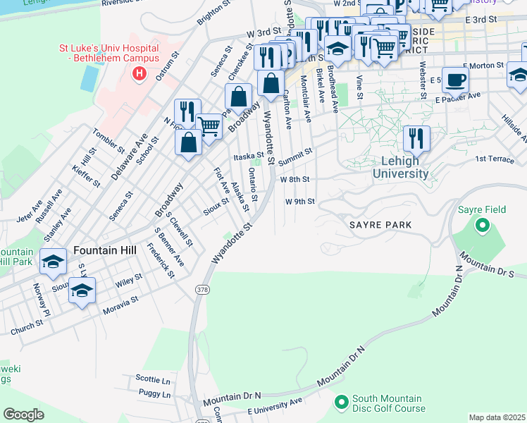 map of restaurants, bars, coffee shops, grocery stores, and more near 911 Wyandotte Street in Bethlehem