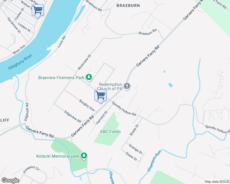 map of restaurants, bars, coffee shops, grocery stores, and more near 3423 Garvers Ferry Road in New Kensington