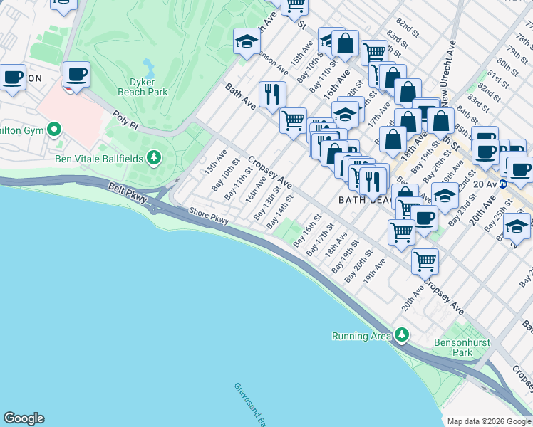 map of restaurants, bars, coffee shops, grocery stores, and more near 310 Bay 13th Street in Brooklyn