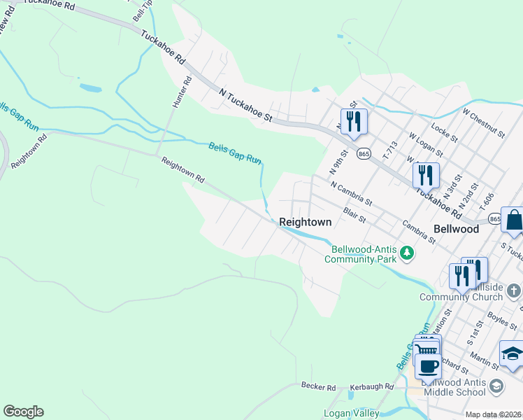 map of restaurants, bars, coffee shops, grocery stores, and more near Reightown Road in Tyrone
