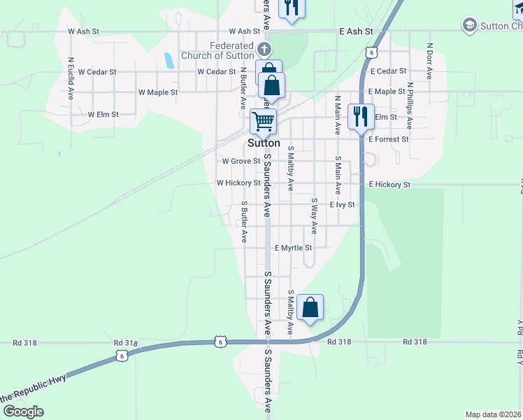 map of restaurants, bars, coffee shops, grocery stores, and more near 101-147 West Ivy Street in Sutton