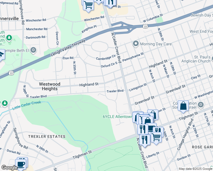 map of restaurants, bars, coffee shops, grocery stores, and more near 3238 West Highland Street in Allentown