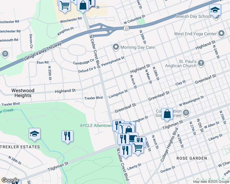 map of restaurants, bars, coffee shops, grocery stores, and more near 3037 Livingston Street in Allentown