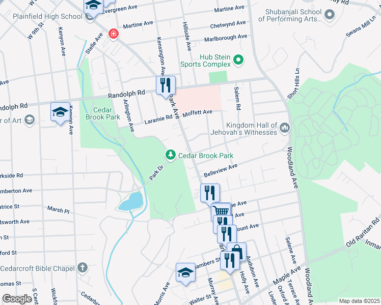 map of restaurants, bars, coffee shops, grocery stores, and more near 1340 Park Avenue in Plainfield