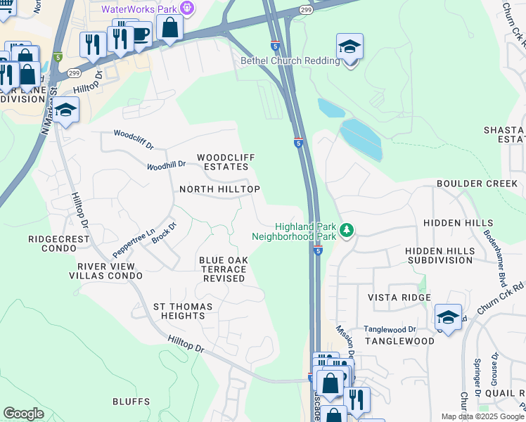 map of restaurants, bars, coffee shops, grocery stores, and more near 545 Teakwood Drive in Redding