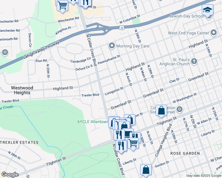 map of restaurants, bars, coffee shops, grocery stores, and more near 3037 Livingston Street in Allentown