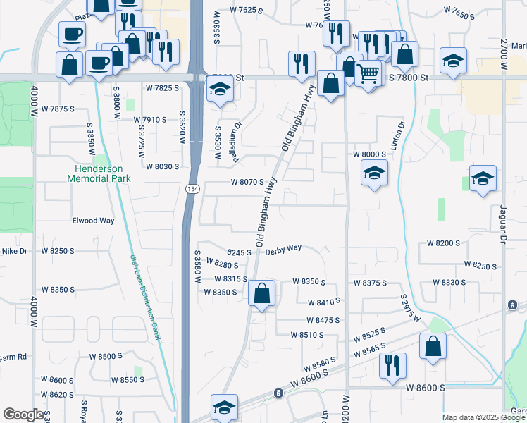 map of restaurants, bars, coffee shops, grocery stores, and more near 8136 West Old Bingham Highway in West Jordan