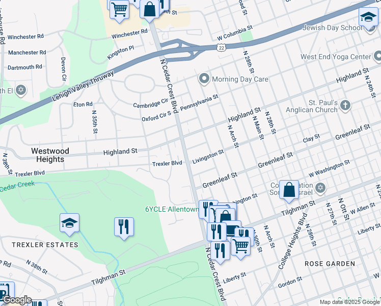 map of restaurants, bars, coffee shops, grocery stores, and more near 1011 North Cedar Crest Boulevard in Allentown