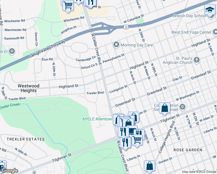 map of restaurants, bars, coffee shops, grocery stores, and more near 1011 North Cedar Crest Boulevard in Allentown