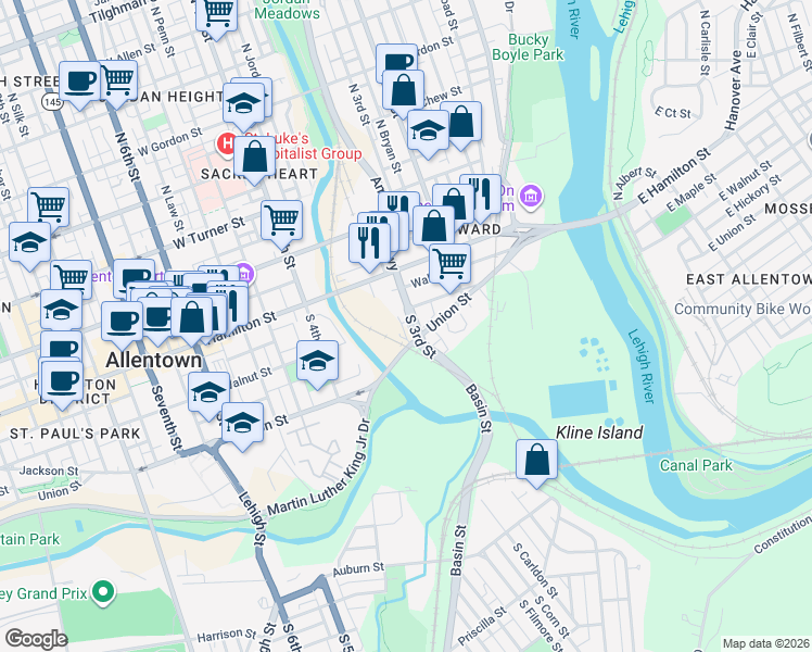 map of restaurants, bars, coffee shops, grocery stores, and more near 301 South 3rd Street in Allentown