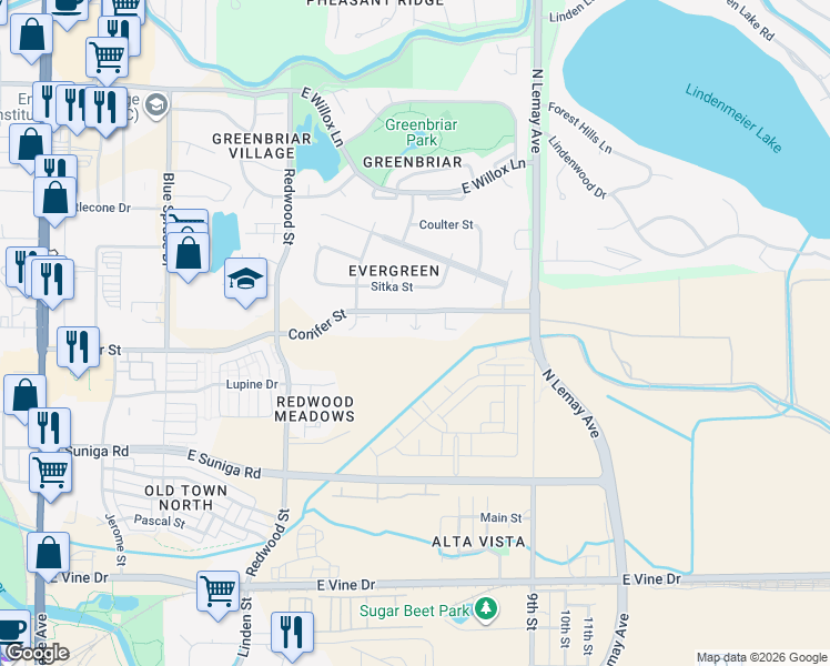 map of restaurants, bars, coffee shops, grocery stores, and more near 1200 Matuka Court in Fort Collins
