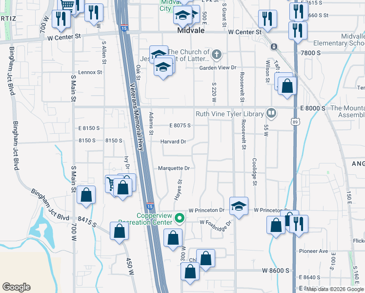 map of restaurants, bars, coffee shops, grocery stores, and more near 306 Harrison Street in Midvale